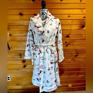 Joules hooded fleece lined robe size S/M. Skiing dog pattern